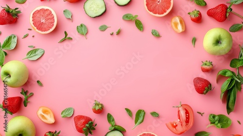 Healthy food, vegetables and fruits, top view