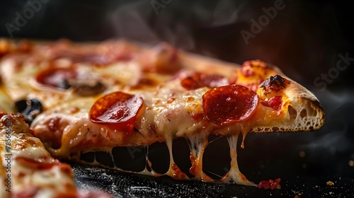 Close up view of a slice of hot pizza on a dark background