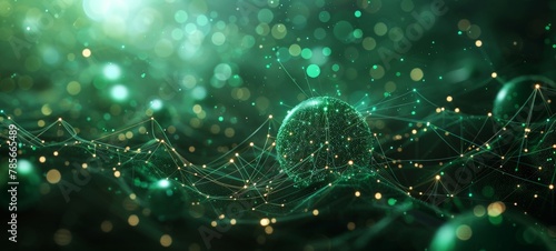 Abstract green particle blurred background. Big Data technology visualization. Neon Glowing Flow of data.