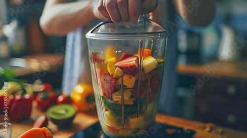 The person adds the cutted fruits and vegetables into the blender for smothie. Health nutrition concept photo