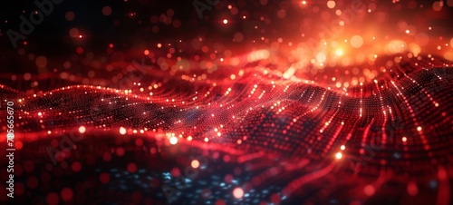 Abstract red particle blurred background. Big Data technology visualization. Neon Glowing Flow of data.