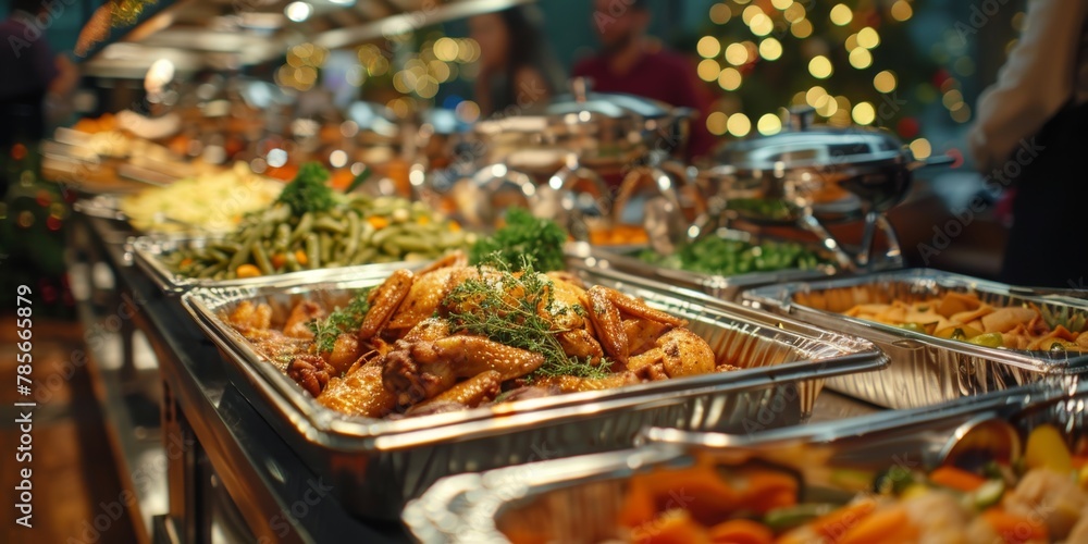 A buffet table with a variety of food, including a tray of chicken. The table is set up for a holiday meal A buffet table with a variety of food, including a tray of chicken. The table is set up for a holiday meal