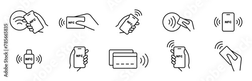 NFC payment icon set. Contactless wireless pay sign. NFC technology icon. Credit card nfc payment. Editable stroke. Vector line icon.