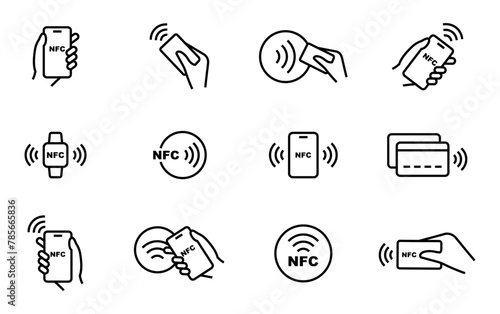 NFC payment icon set. Contactless wireless pay sign. NFC technology icon. Credit card nfc payment. Editable stroke. Vector line icon. photo