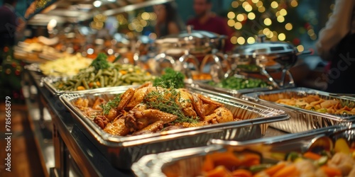A buffet table with a variety of food, including a tray of chicken. The table is set up for a holiday meal