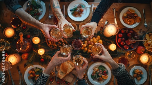 cropped top above high angle image of family members, acquaintances, and servers gathered around a table with clinking glasses nighttime festivities in November according to custom