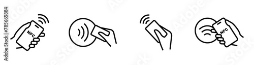 NFC payment icon set. Contactless wireless pay sign. NFC technology icon. Credit card nfc payment. Editable stroke. Vector line icon.