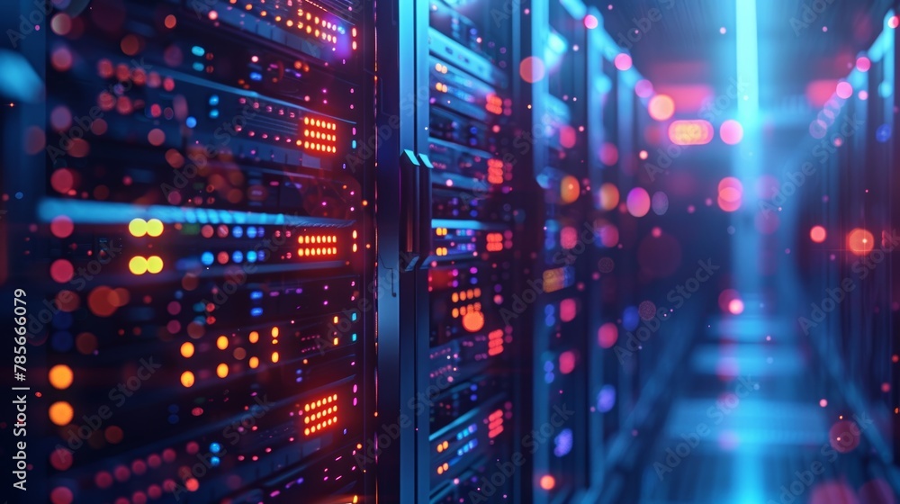 A computer server room with many servers and lights. The lights are orange and blue. The room is very bright and colorful A computer server room with many servers and lights. The lights are orange and blue. The room is very bright and colorful