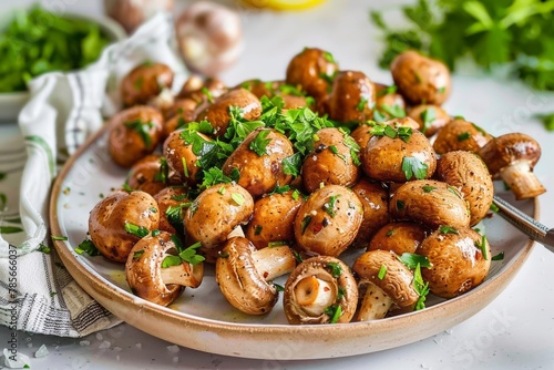 A plate of roasted mushrooms garnished with fresh parsley and garlic, ready to serve.