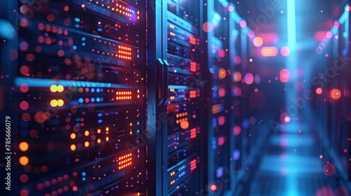 A computer server room with many servers and lights. The lights are orange and blue. The room is very bright and colorful