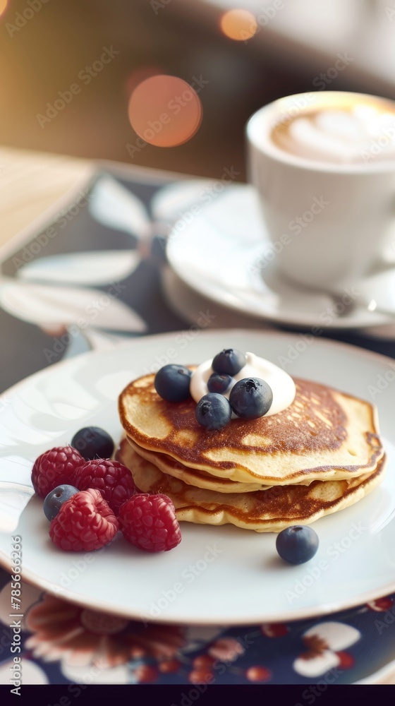 Freshly cooked pancakes topped with blueberries, raspberries, and a dollop of cream. Freshly cooked pancakes topped with blueberries, raspberries, and a dollop of cream.