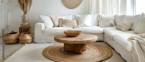Round wood coffee table against white sofa. Scandinavian home interior design of modern living room
