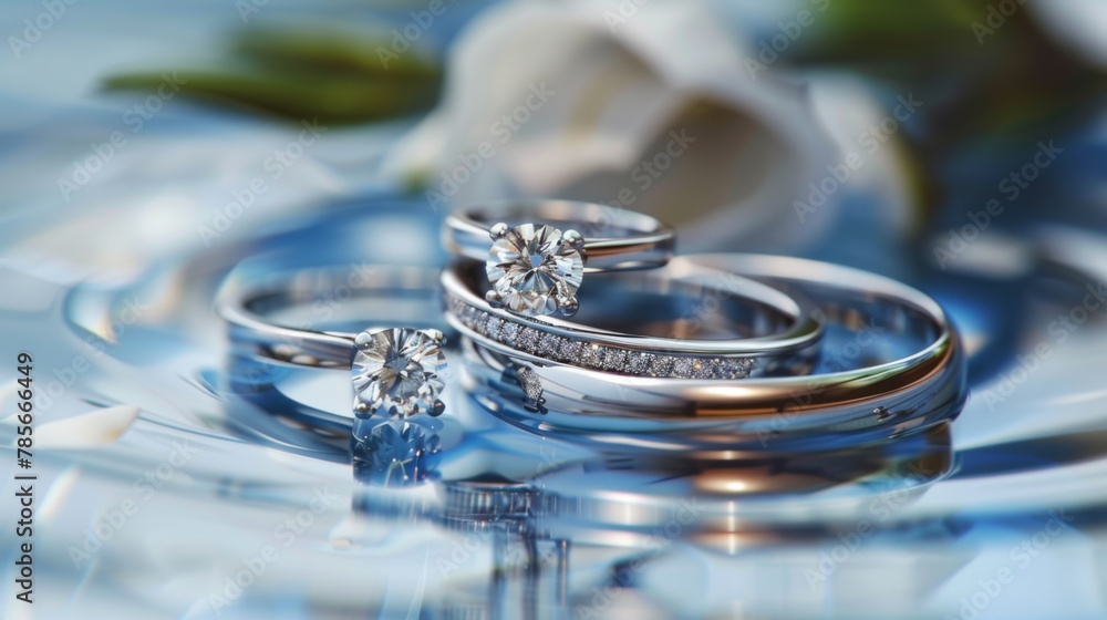 Close-Up of Wedding Rings on Reflective Surface Close-Up of Wedding Rings on Reflective Surface
