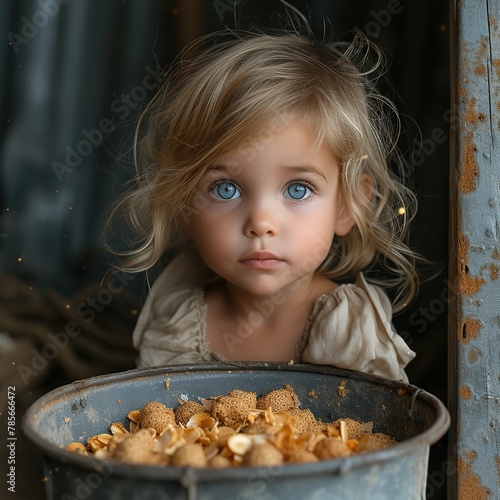 Little girl in a garbage dump. Concept of poverty and poorness.
