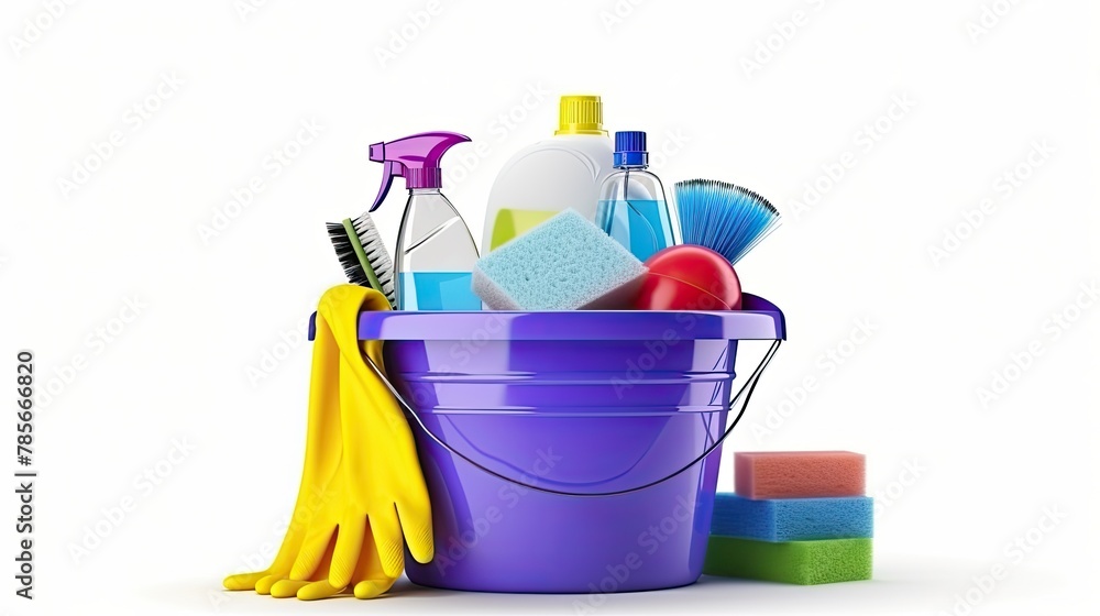 plastic bucket with cleaning products isolated on white background plastic bucket with cleaning products isolated on white background