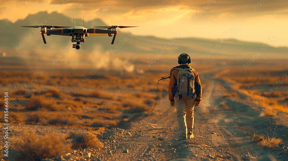 A man strolls on a dirt road with a drone flying above in the sky - obrazy, fototapety, plakaty 