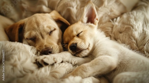 Home pets funny friendly cat and dog sleeping together in bed. AI generated image