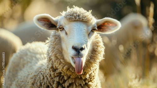 Portrait funny sheep showing her tongue in the farmland or meadow. AI generated image photo