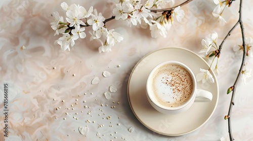 Cappuccino cup with white branch of cherry blossoms on the table