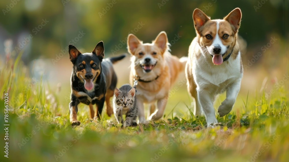 Group of happy pets cats and dogs walking together on the green grass at meadow. AI generated image