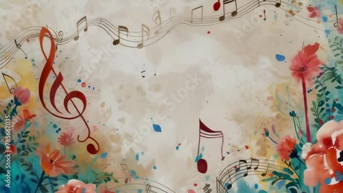 Watercolor music notes amidst a floral backdrop, blending the artistry of music with spring's bloom. Romantic musical festive holiday gift background. Music festival photo