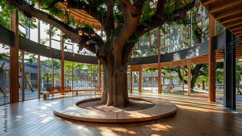 A community cultural center built around an ancient tree incorporating the tree into the design as a central gathering point symbolizing the connection between nature culture and community. photo