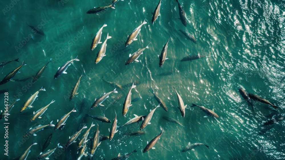 Aerial view group of menhaden fish swimming in ocean water. AI generated image
