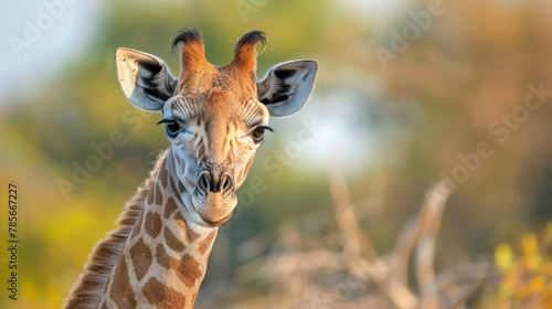 Portrait a young funny angolan giraffe animal wildlife in savanna. AI generated image photo