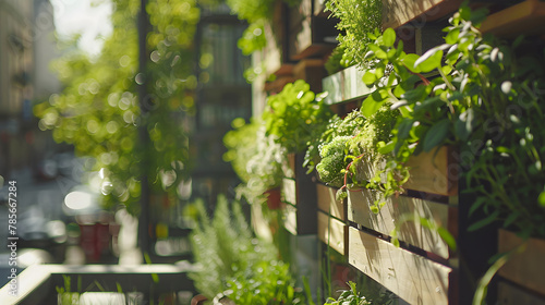 A compact balcony featuring a herb garden wall made from upcycled materials creating an eco-chic space efficient and stylish. photo