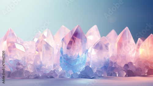 A row of pink crystals are displayed on a white background