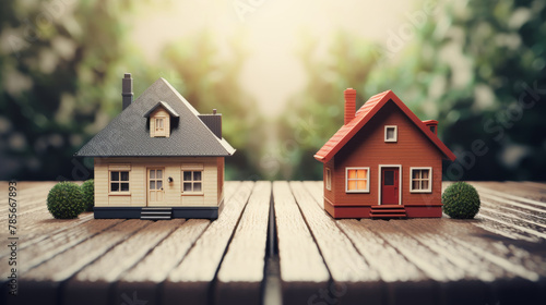 Two small houses are placed on a wooden table, one is red and the other is white, Real estate concept