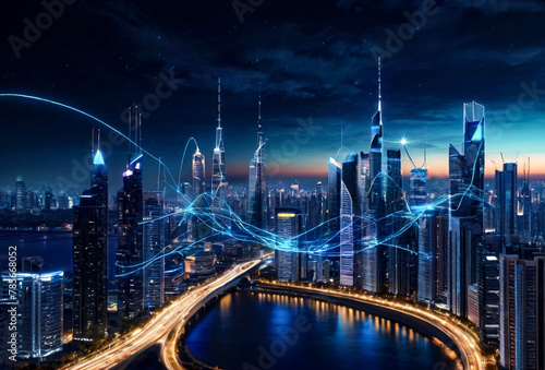 Scenery of smart city with digital blue wavy wires, antennas on night megapolis, urban skyline background. Data connection wireless technology concept. Gen ai illustration. Copy ad text space