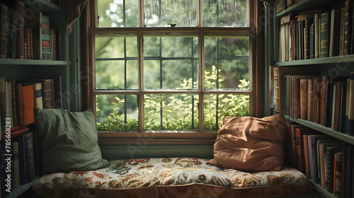 A cozy nook with a window seat and a collection of vintage books.