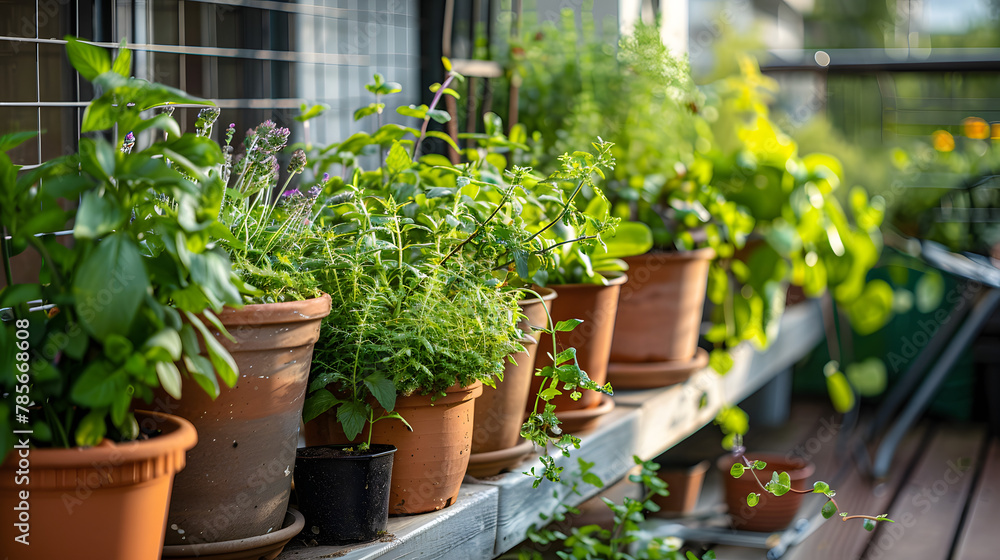 A creative balcony corner dedicated to aromatic herbs like lemon balm and peppermint in upcycled pots.