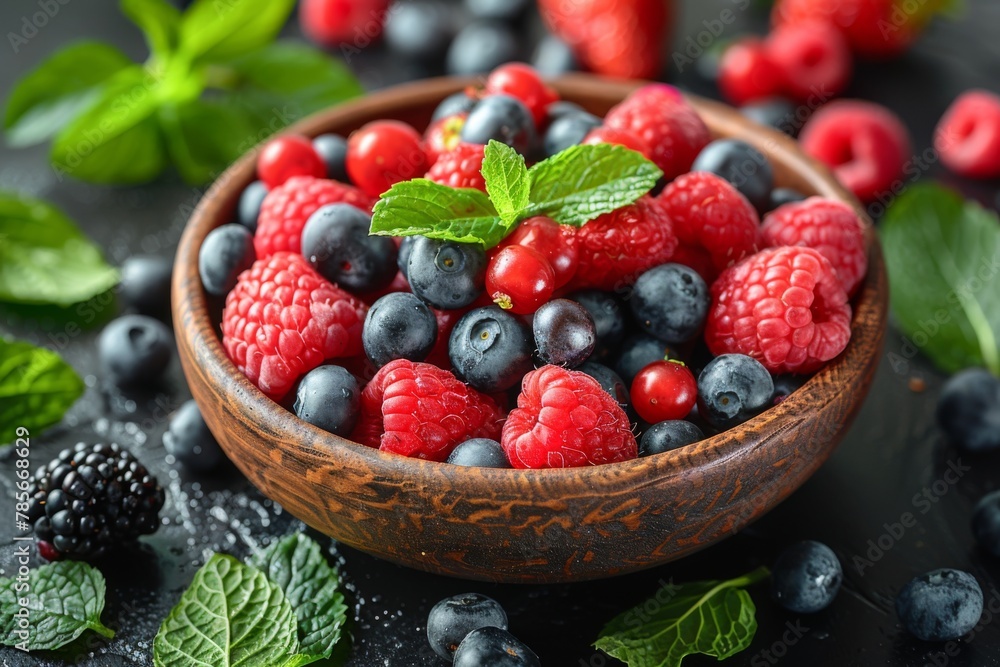A mix of raspberries, blueberries, and strawberries in a wooden bowl A mix of raspberries, blueberries, and strawberries in a wooden bowl
