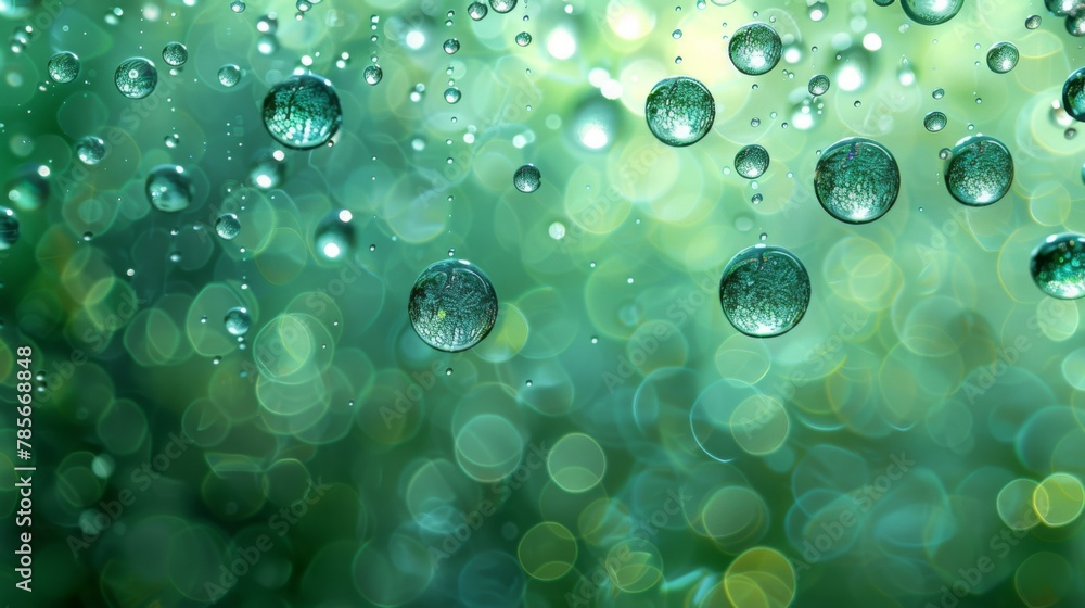 Water drops on green background, forming circles of moisture on the grass