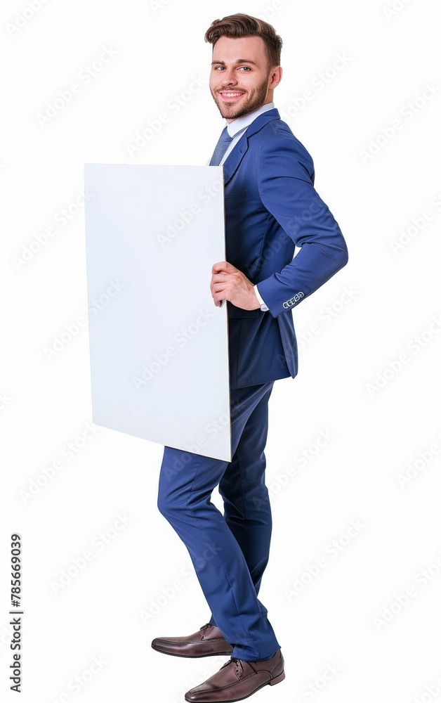 Cheerful businessman in blue suit presenting a large blank board, ready for advertising or information. Cheerful businessman in blue suit presenting a large blank board, ready for advertising or information.