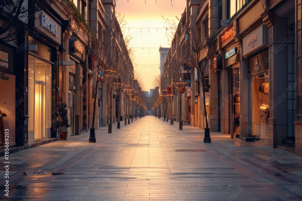 Sunset Glow on Empty City Street with Festive Lights and Elegant Shops