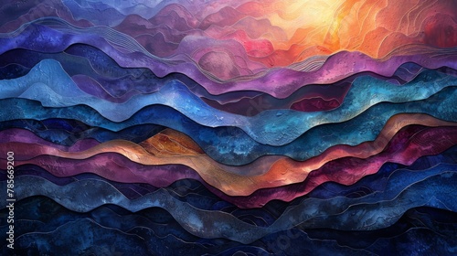 Watercolor art paints a pink and purple sky over a mountain range photo