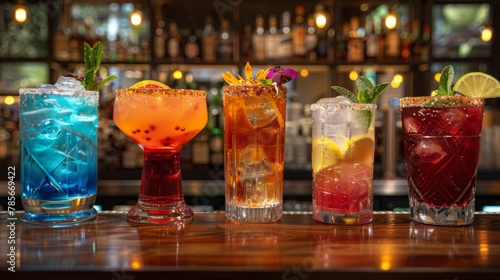 Colorful cocktails displayed on bar  featuring Bacardi and fruit garnishes
