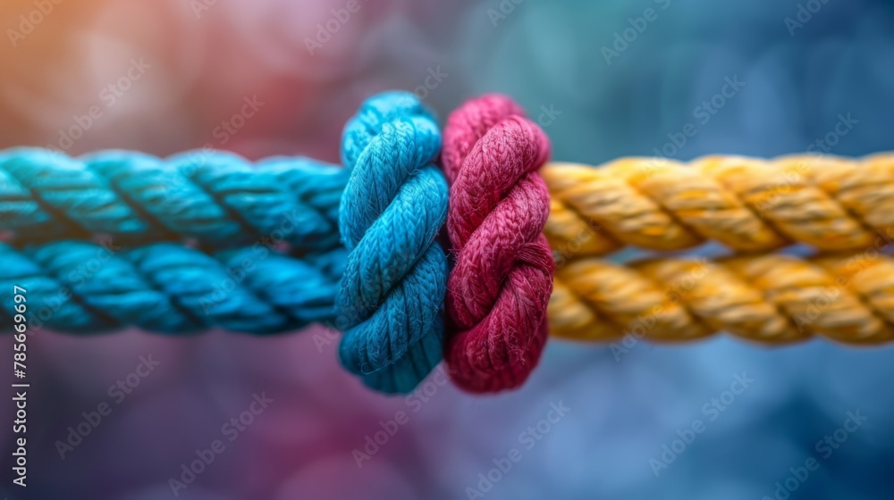 Azure and magenta ropes intertwined in a closeup knot art