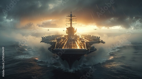 Navigating the Storm: An Aircraft Carriers Journey at Sunset. photo