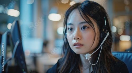 A young Asian woman works at a call center for an internet and phone company. She helps customers over the phone.