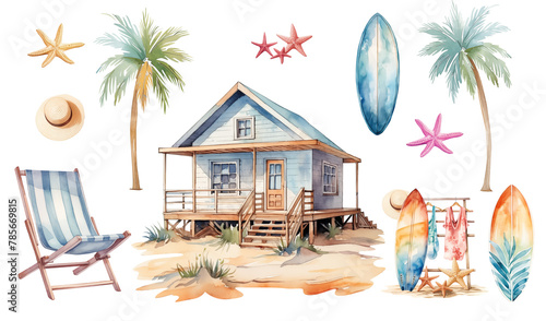 Watercolor isolated illustration set of beach house for surfers, sand, chaise lounge, surfboards, straw hat, starfishes, watercolor summer vacation clipart (ID: 785669815)