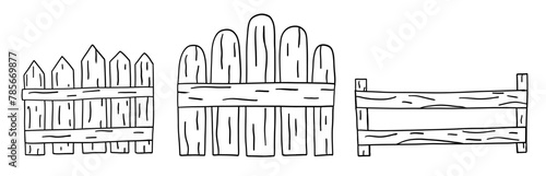 Set with wooden farm fence in hand drawn outline style. Vector illustration