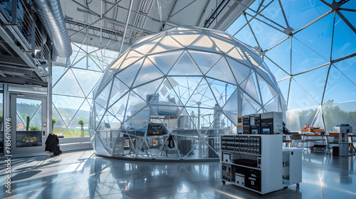 A digital fabrication laboratory housed within a transparent geodesic dome promoting innovation and community learning.