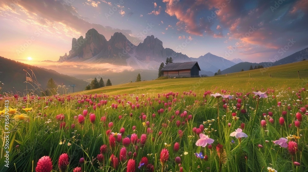 Blooming flowers fill the fields in the Dolomites mountains of Italy.