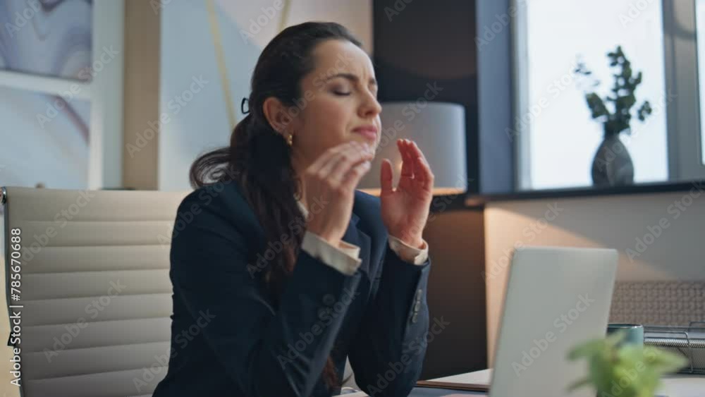 Upset lady reacting fail at modern cozy workplace closeup. Woman closing laptop Upset lady reacting fail at modern cozy workplace closeup. Woman closing laptop