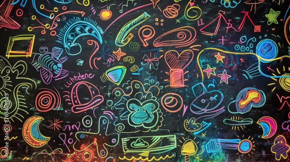 Chalkboard with chalk doodle art.