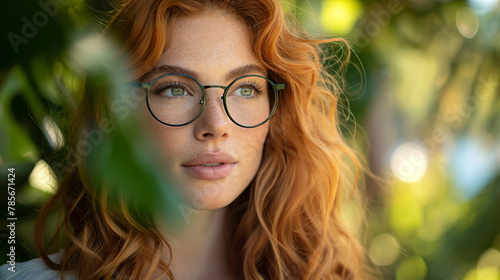 Enchanting Elegance: A stunning redhead with emerald glasses stands amidst a lush garden, her vibrant locks cascading down her shoulders like molten flames. The sunlight filters th